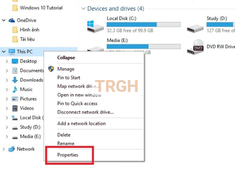 Bạn mở This PC, trong cửa sổ vừa hiện lên click chuột phải vào mục This PC và ấn chọn Properties.