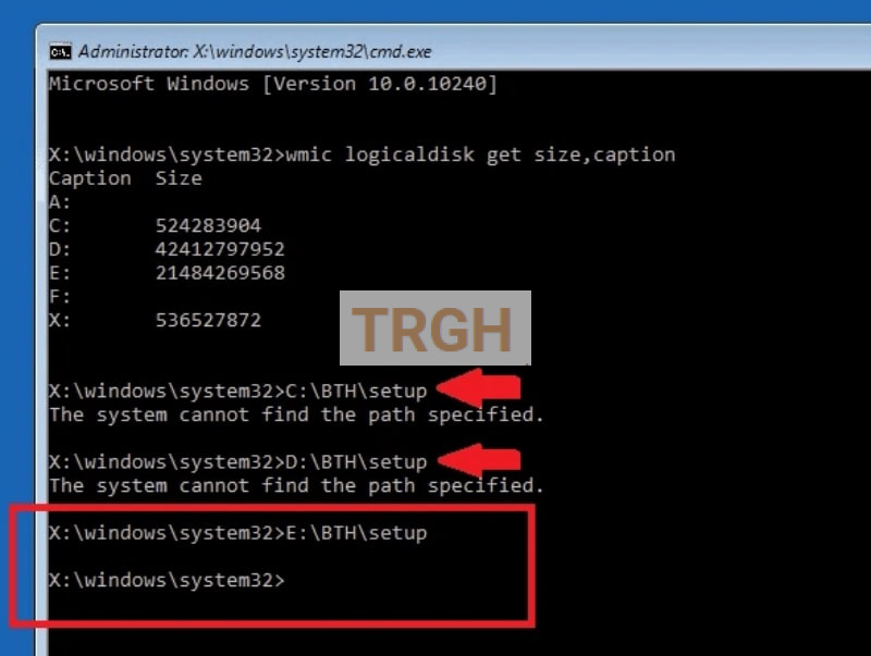 Tiếp đó, bạn gõ lần lượt các lệnh theo cú pháp “Tên ổ đĩa:\BTH\setup” rồi ấn enter cho tới khi dòng chữ The system cannot find path specified không hiện lên nữa.
