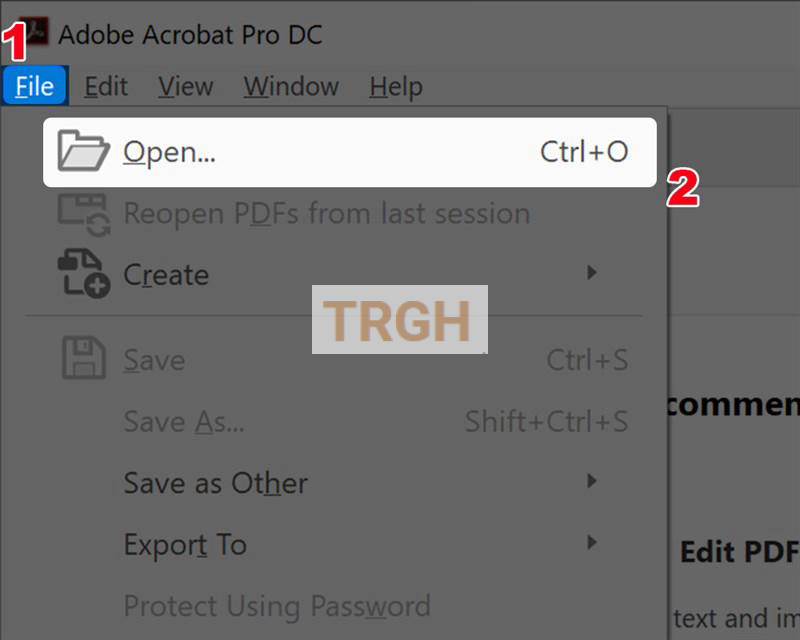 Click vào File và chọn mục Open trong Adobe Acrobat